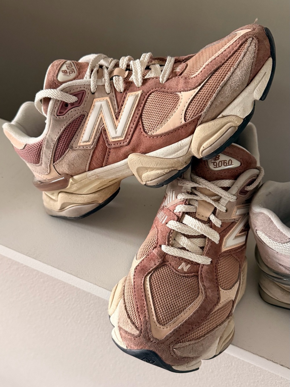 New Balance mauve pink and cream athletic sneakers